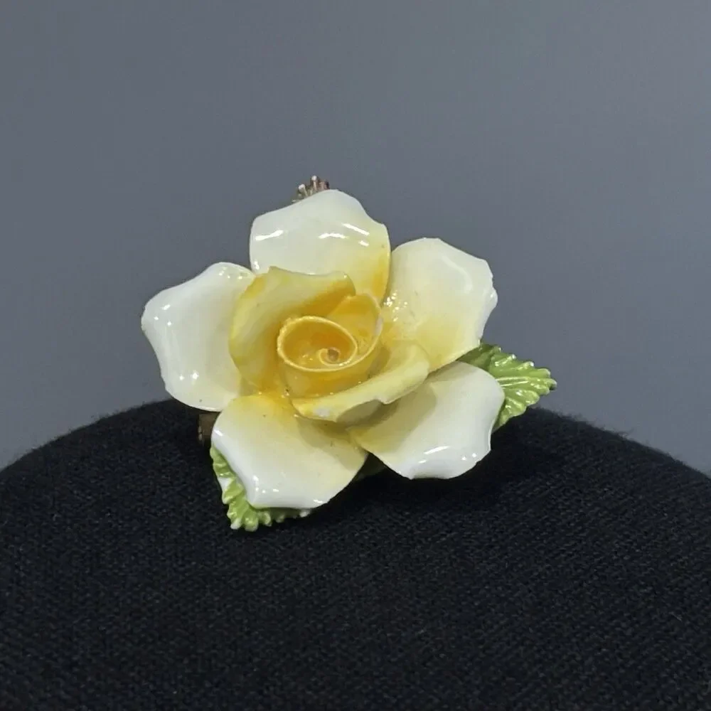 Vintage Porcelain Flower Brooch Made In England Yellow White Rose Bone China